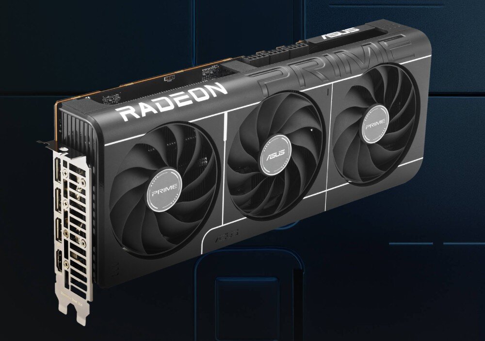 Karta graficzna ASUS Prime Radeon RX 9070 XT OC 16GB Karta graficzna z widocznymi trzema wentylatorami i wyjściami wideo z boku obudowy, porty, wyjścia, HDMI, DisplayPort