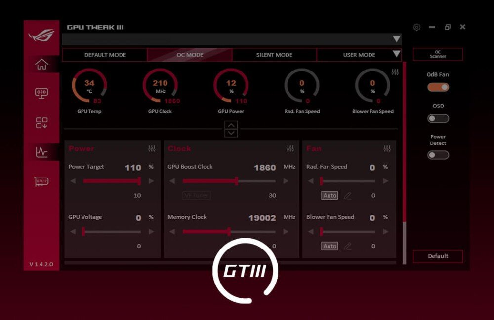 Karta graficzna ASUS Prime Radeon RX 9070 XT OC 16GB Zrzut ekranu z oprogramowania GPU Tweak III. Pokazuje interfejs do monitorowania temperatury, taktowania zegarów, prędkości wentylatorów oraz ustawień OC, aplikacja, ustawienia, konfiguracja