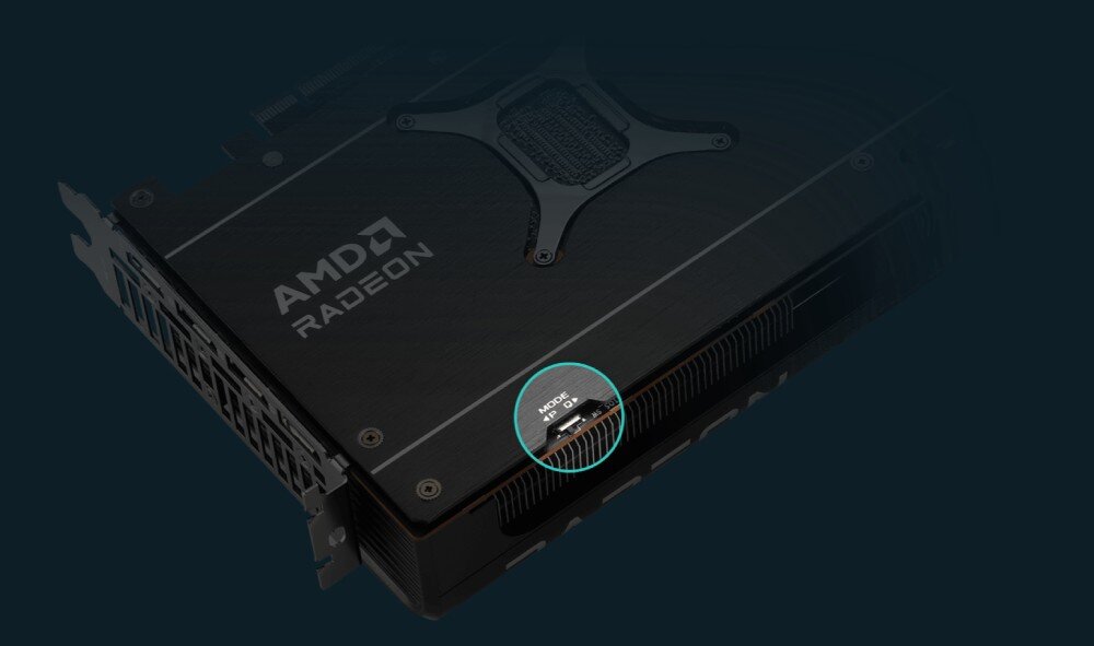 Karta graficzna ASUS Prime Radeon RX 9070 XT OC 16GB Tył karty graficznej z przełącznikiem trybu pracy oznaczonym jako 'Mode', funkcja Dual BIOS, tryby działania