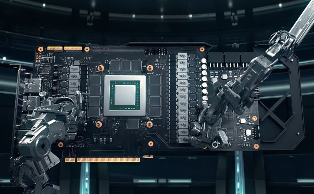 Karta graficzna ASUS Prime Radeon RX 9070 XT OC 16GB Proces montażu elektronicznego układu karty graficznej przez ramiona robota, produkcja, testy działania