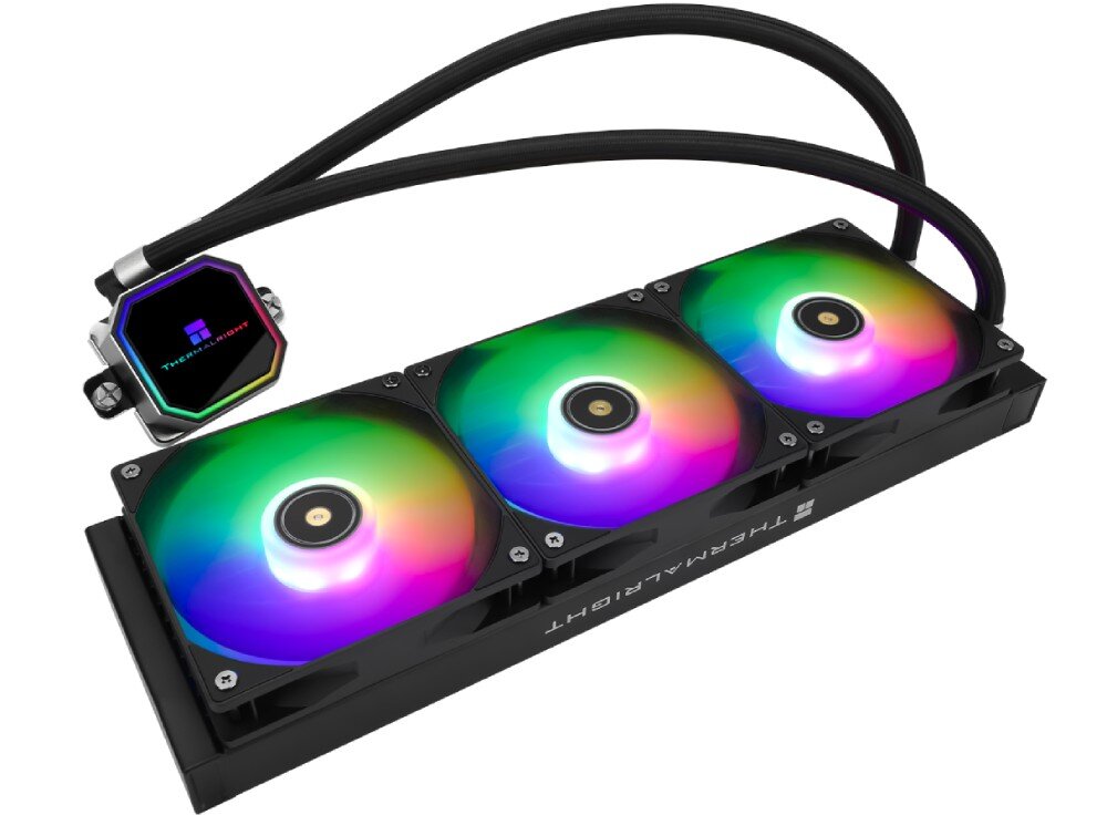 Chłodzenie wodne THERMALRIGHT Frozen Prism 360 ARGB Zestaw chłodzenia wodnego złożony z chłodnicy z trzema podświetlanymi wentylatorami, dwóch elastycznych węży i blokopompki z logo