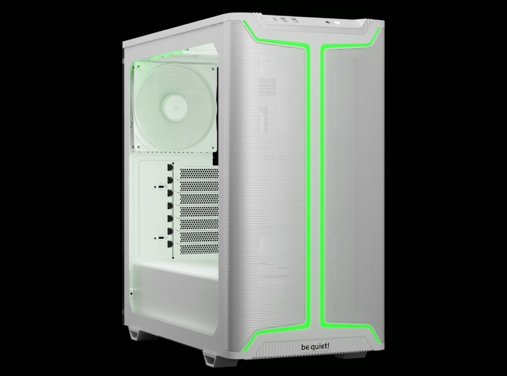 Obudowa BE QUIET! Pure Base 501 DX obudowa komputerowa z włączonym zielonym podświetleniem ARGB w kształcie dwóch pionowych linii na przednim panelu, zaprezentowana na czarnym tle
