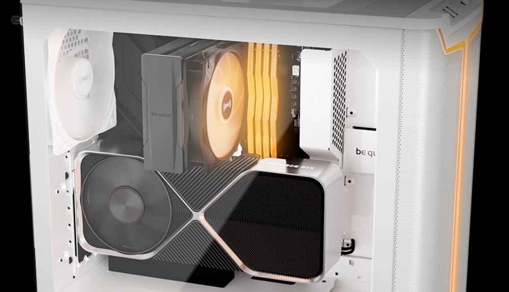 Obudowa BE QUIET! Pure Base 501 DX Wnętrze obudowy z zamontowanymi podzespołami, w tym kartą graficzną umieszczoną pionowo oraz podświetloną pamięcią RAM i chłodzeniem procesora