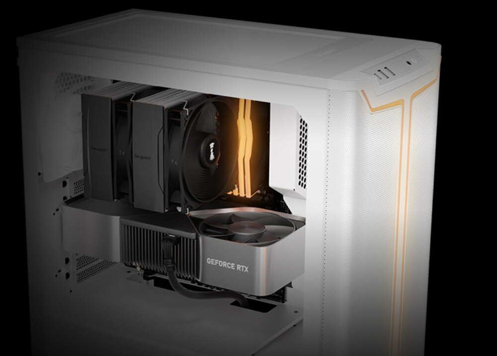 Obudowa BE QUIET! Pure Base 501 DX Widok z góry na wnętrze komputera z zamontowaną dużą kartą graficzną, masywnym chłodzeniem powietrznym procesora i świecącymi modułami pamięci