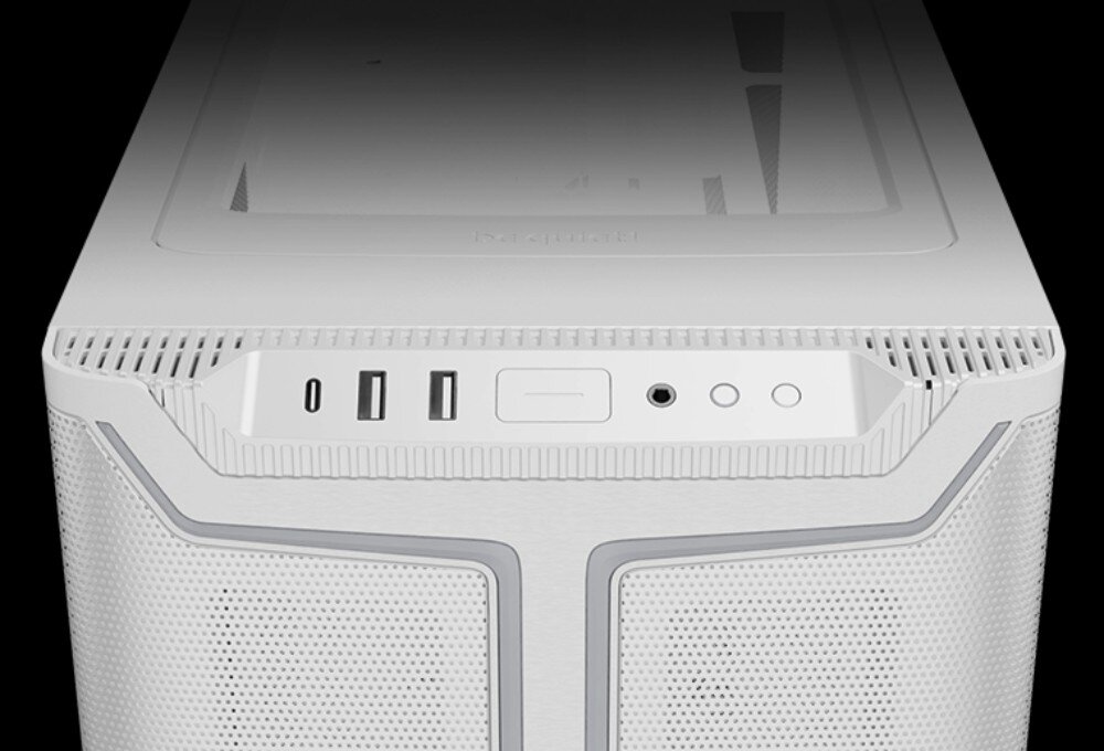 Obudowa BE QUIET! Pure Base 501 DX Panel górny obudowy z widocznymi portami USB typu C i typu A, przyciskiem zasilania oraz gniazdami audio umieszczonymi nad siatką przedniego panelu