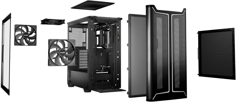 Obudowa BE QUIET! Pure Base 501 DX Widok rozłożonych elementów czarnej obudowy komputerowej, w tym panele boczne, filtr przeciwkurzowy, wentylatory oraz szkielet konstrukcji na białym tle