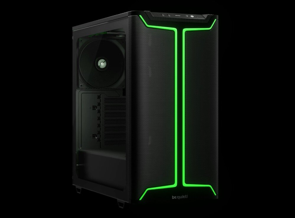 Obudowa BE QUIET! Pure Base 501 DX Czarna obudowa komputerowa z włączonym zielonym podświetleniem ARGB w kształcie dwóch pionowych linii na przednim panelu, zaprezentowana na czarnym tle