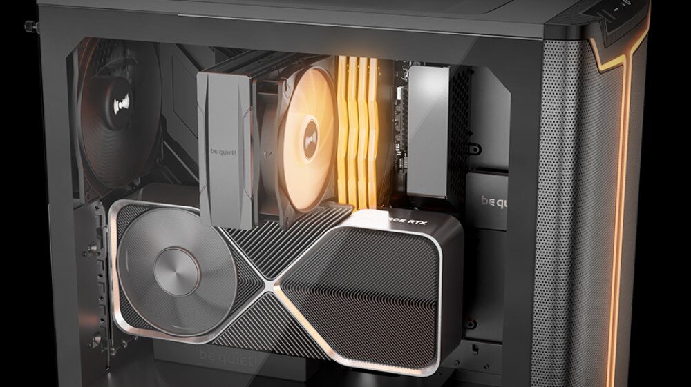 Obudowa BE QUIET! Pure Base 501 DX Wnętrze obudowy z zamontowanymi podzespołami, w tym kartą graficzną umieszczoną pionowo oraz podświetloną pamięcią RAM i chłodzeniem procesora