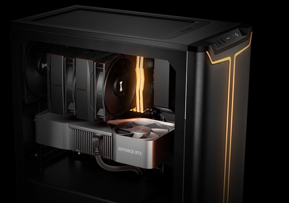 Obudowa BE QUIET! Pure Base 501 DX Widok z góry na wnętrze komputera z zamontowaną dużą kartą graficzną, masywnym chłodzeniem powietrznym procesora i świecącymi modułami pamięci