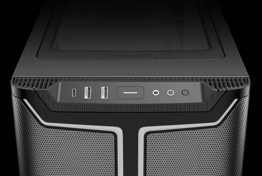 Obudowa BE QUIET! Pure Base 501 DX Panel górny obudowy z widocznymi portami USB typu C i typu A, przyciskiem zasilania oraz gniazdami audio umieszczonymi nad siatką przedniego panelu
