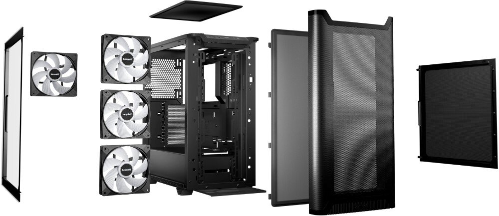 Obudowa BE QUIET! Pure Base 501 LX Widok rozłożonych elementów obudowy komputerowej w tym panele boczne, filtry przeciwkurzowe, cztery wentylatory oraz szkielet konstrukcji