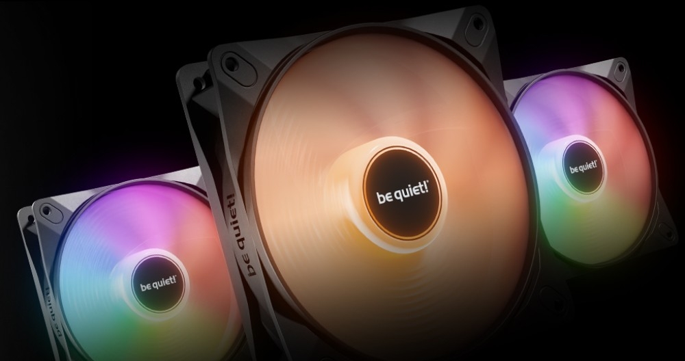 Obudowa BE QUIET! Pure Base 501 LX Trzy wentylatory komputerowe z łopatkami o specjalnej strukturze podświetlone w różnych kolorach z widocznym logotypem na środku