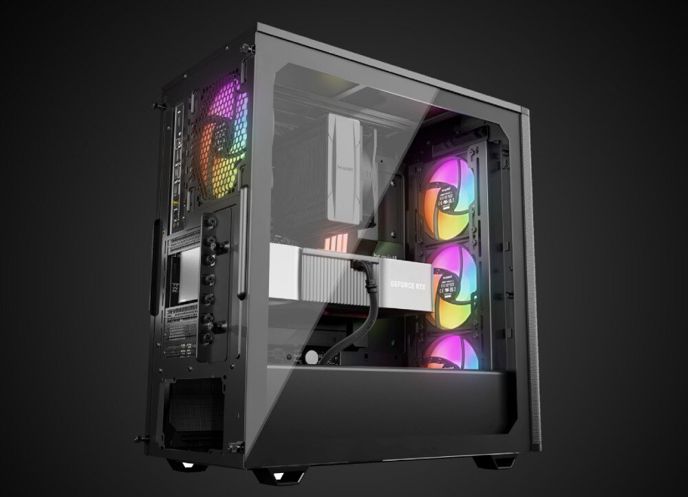 Obudowa BE QUIET! Pure Base 501 LX Wnętrze obudowy komputerowej z zamontowaną kartą graficzną, chłodzeniem procesora i świecącymi wentylatorami widziane przez boczną szybę