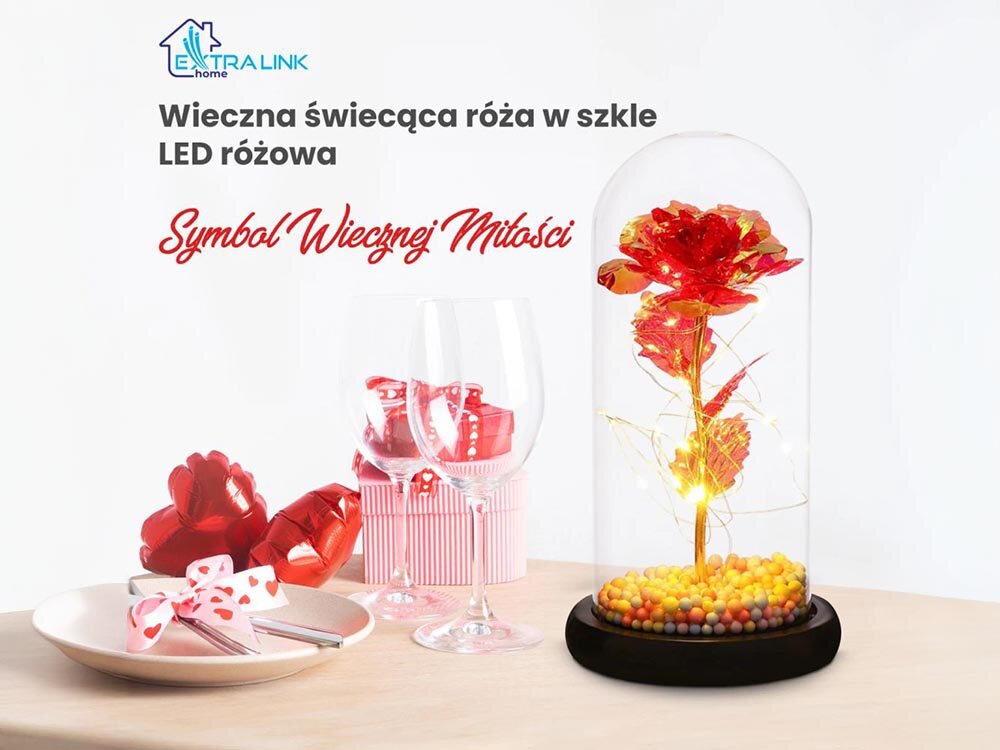 Lampka LED EXTRALINK Wieczna Róża w szkle Czerwona 24190, róża, światło, dekoracja, romantyzm, na białym tle lampka LED w kształcie róży wraz z napisem extralink oraz wieczna świecąca róża