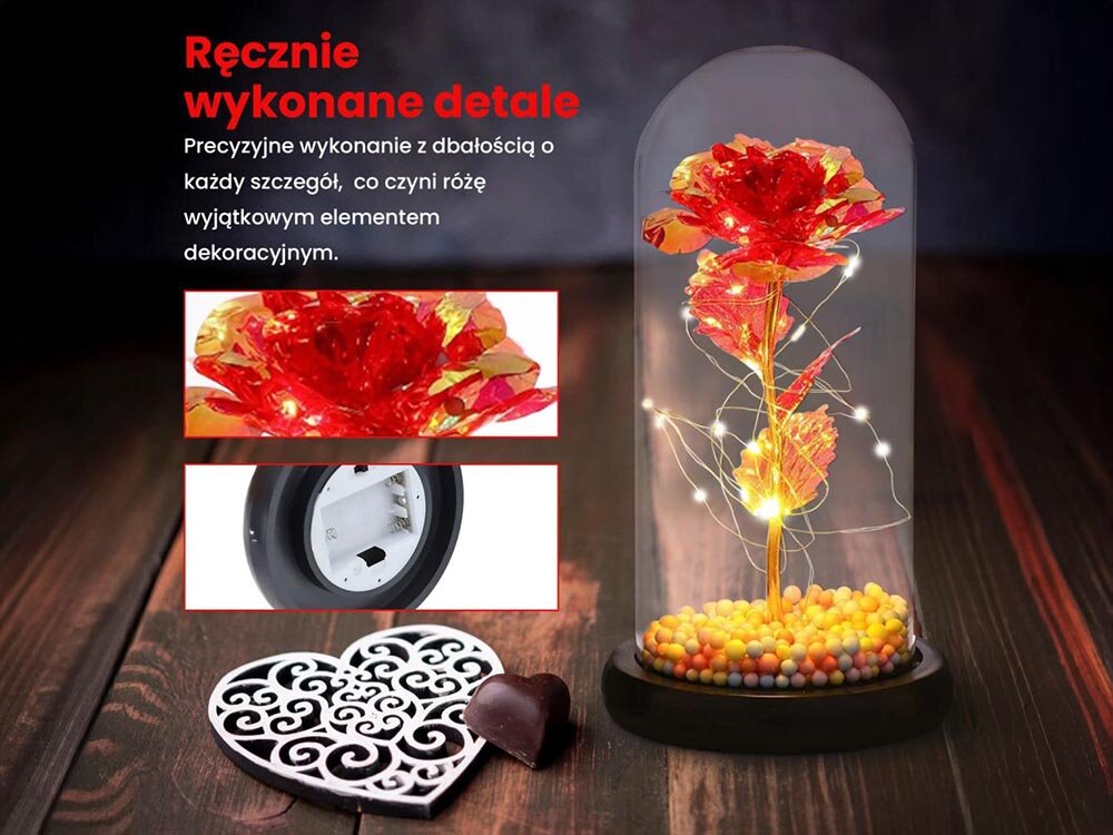 Lampka LED EXTRALINK Wieczna Róża w szkle Czerwona 24190, baterie, AAA, mobilne, włącznik, na drewnianym blacie lampka led w kształcie róży wraz z zdjęciami jej zalet