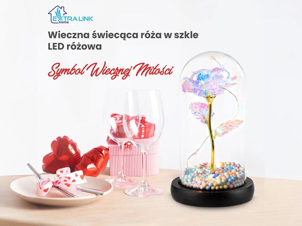 Lampka LED EXTRALINK EX.24183 Różowy, róża, światło, dekoracja, romantyzm, na białym tle lampka LED w kształcie róży wraz z napisem extralink oraz wieczna świecąca róża