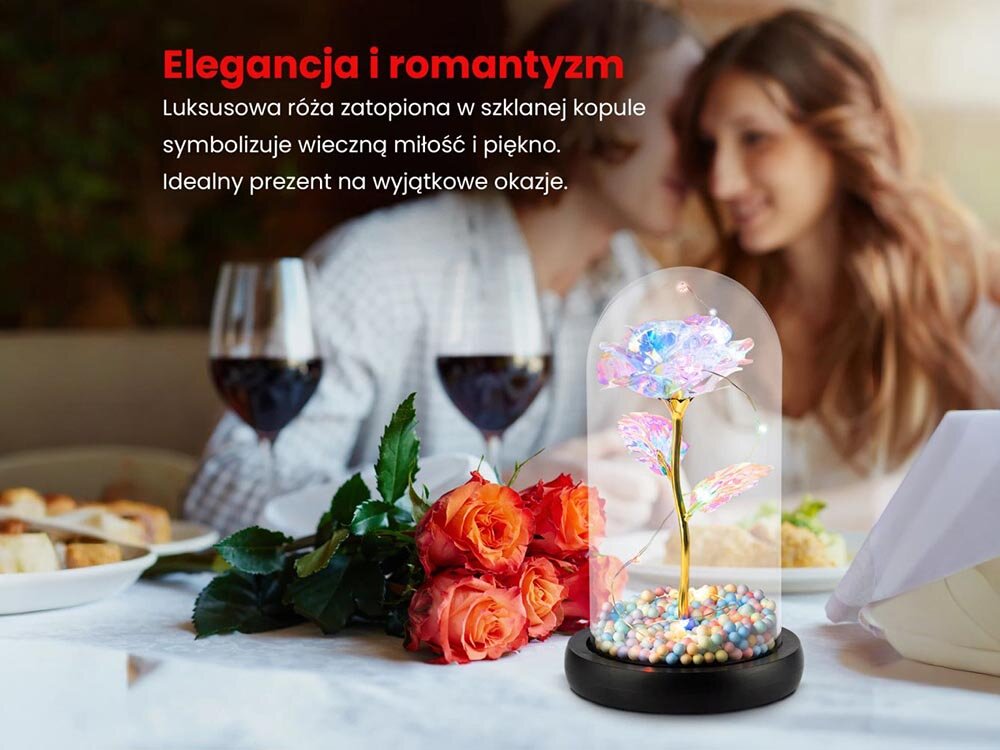 Lampka LED EXTRALINK EX.24183 Różowy, LED, ciepłe, kopuła, atmosfera, w tle para na romantycznej kolacji, na pierwszym planie róża LED oraz kieliszki z winem oraz kwiaty