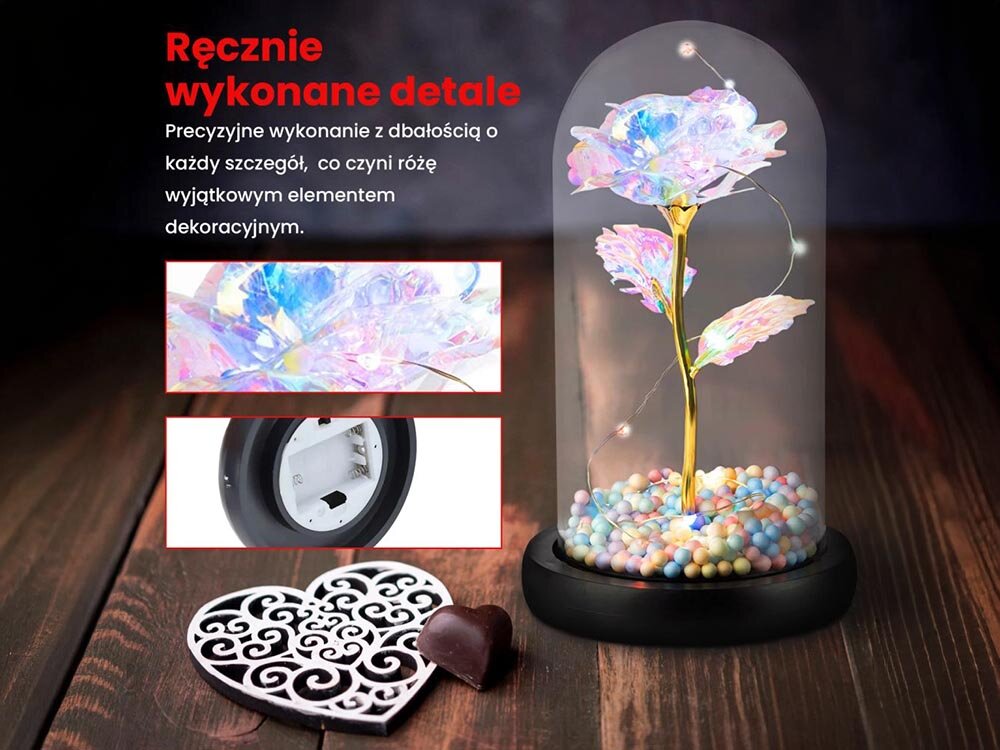 Lampka LED EXTRALINK EX.24183 Różowy, baterie, AAA, mobilne, włącznik, na drewnianym blacie lampka led w kształcie róży wraz z zdjęciami jej zalet