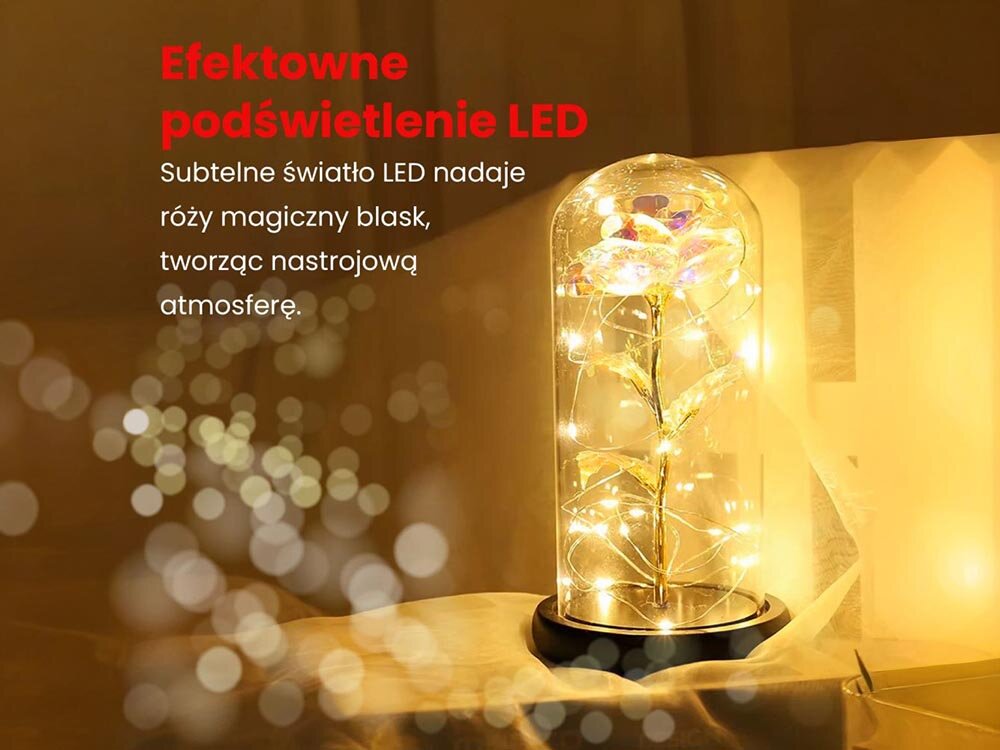 Lampka LED EXTRALINK EX.24183 Różowy, szklana, ochrona, trwała, stabilna, lampka led w kształcie róży stoi na stoliku nocnym świecąc ciepłym światłem