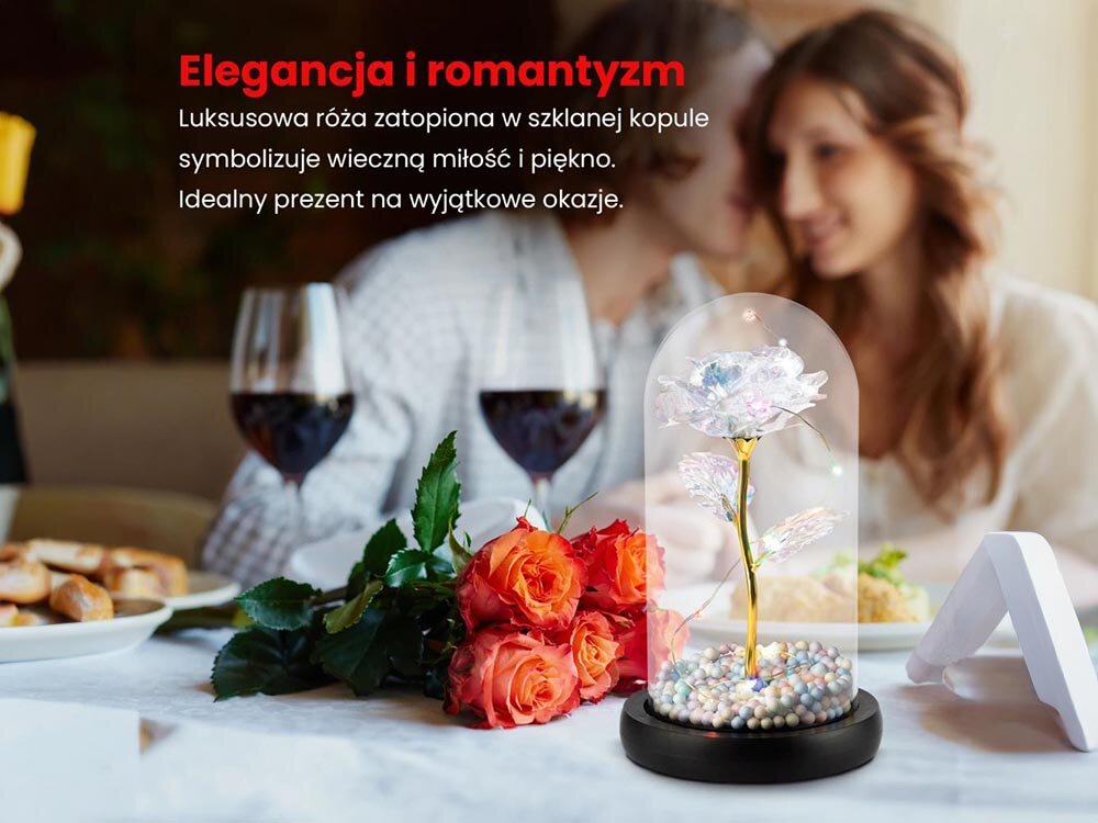 Lampka LED EXTRALINK Wieczna Róża w szkle Biały 24176, LED, ciepłe, kopuła, atmosfera, w tle para na romantycznej kolacji, na pierwszym planie róża LED oraz kieliszki z winem oraz kwiaty
