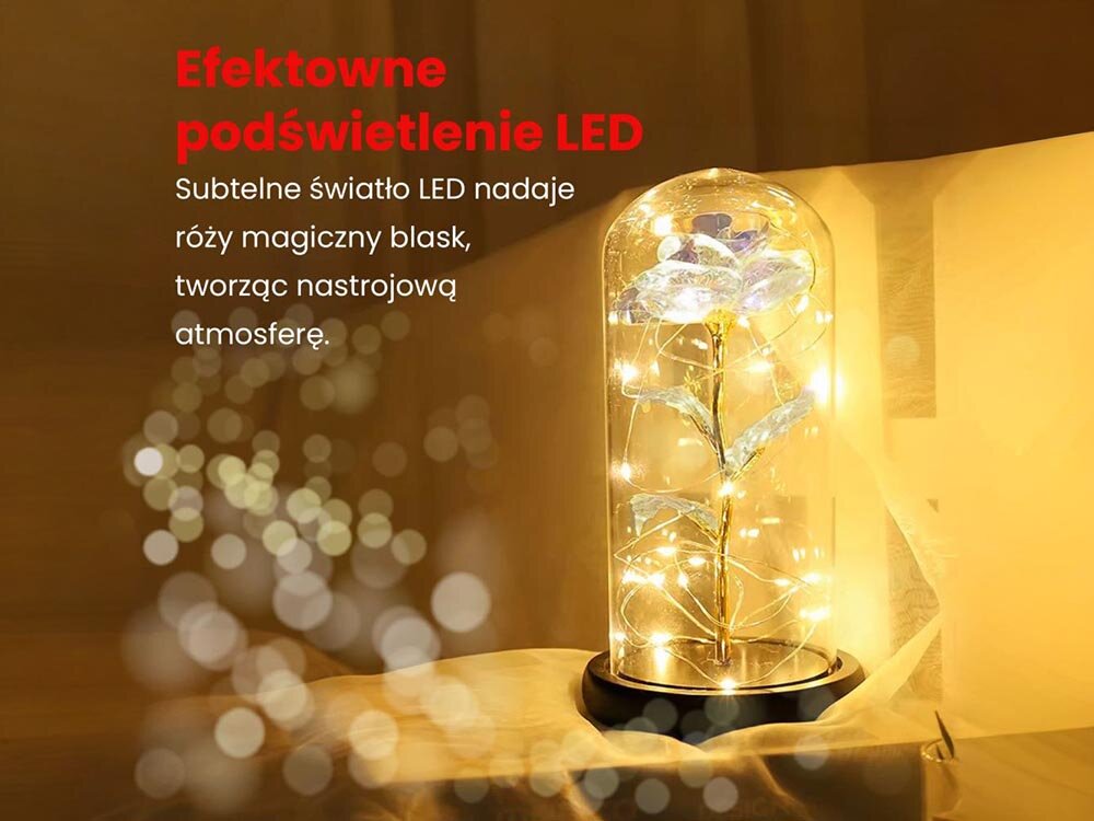 Lampka LED EXTRALINK Wieczna Róża w szkle Biały 24176, szklana, ochrona, trwała, stabilna, lampka led w kształcie róży stoi na stoliku nocnym świecąc ciepłym światłem