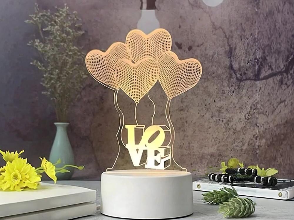 Lampka nocna EXTRALINK Cztery serca 3D USB, iluzja, akryl, wzory, atmosfera, Lampa nocna 3D z balonami-sercami i napisem LOVE przy wazonach z różami.