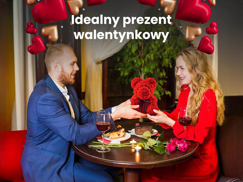 Miś EXTRALINK EX.24152 Czerwony, podświetlenie, biel, blask, relaks, para podczas randki, mężczyzna wręcza kobiecie misia jak prezent