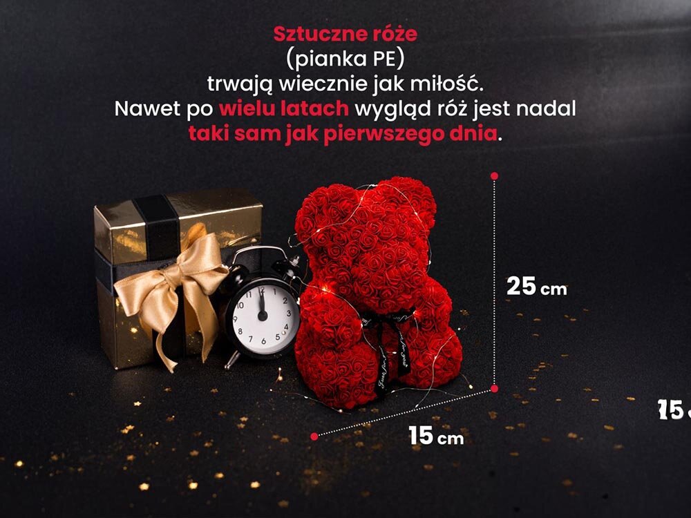 Miś EXTRALINK EX.24152 Czerwony, wysokość, szerokość, umieszczenie, stabilność, na czarnym tle miś z opisem struktury oraz podaniem wymiarów