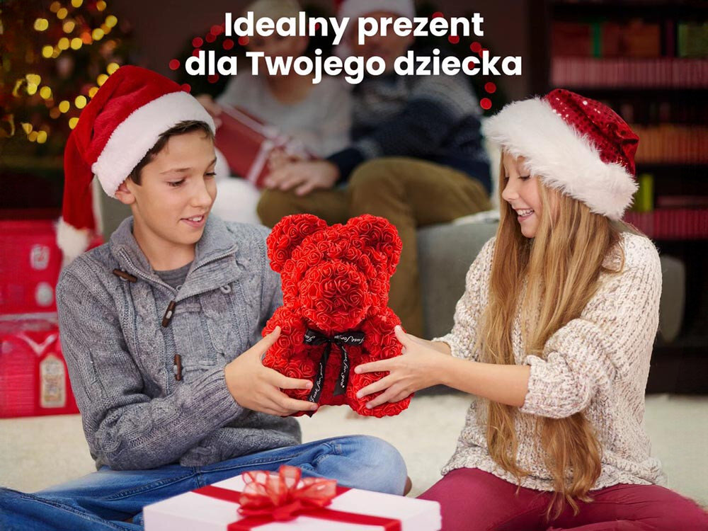 Miś EXTRALINK EX.24152 Czerwony, pianka, czerwony, trwały, symbol, 2 dzieci cieszy się z upominku misia