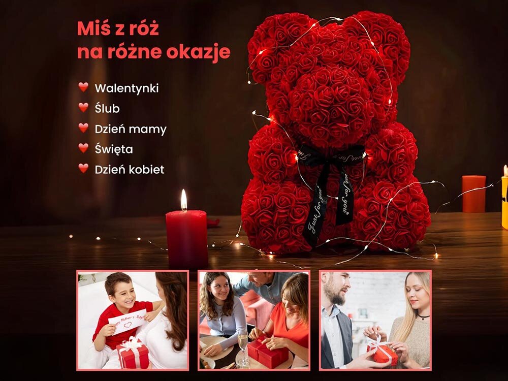 Miś EXTRALINK EX.24152 Czerwony, pudełko, prezent, walentynki, transport, miś na drewnianym blacie wraz z opisem miś na różne okazje