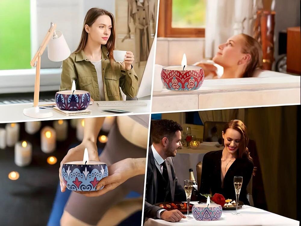 Zestaw świec zapachowych EXTRALINK wizualizacja 4 różne aranżacje miejsca zestaw 4 sztuki Elegancja przyjazna dla środowiska czysty wosk sojowy