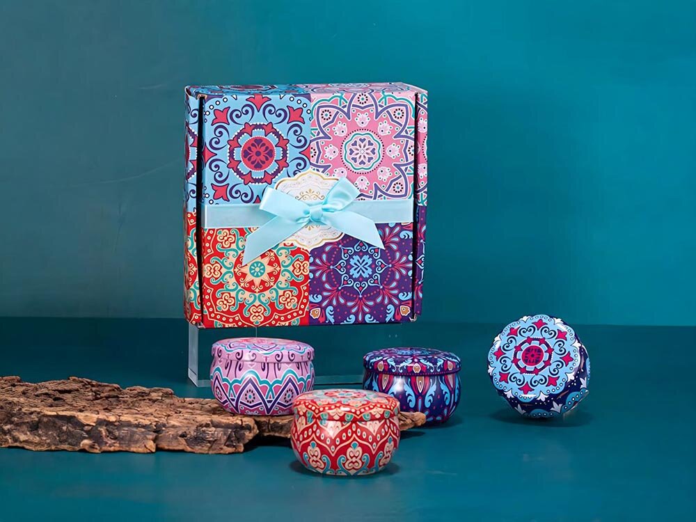 Zestaw świec zapachowych EXTRALINK turkusowe tło świece wraz z opakowaniem estetyczny box opakowanie prezentowe dekoracyjny dodatek