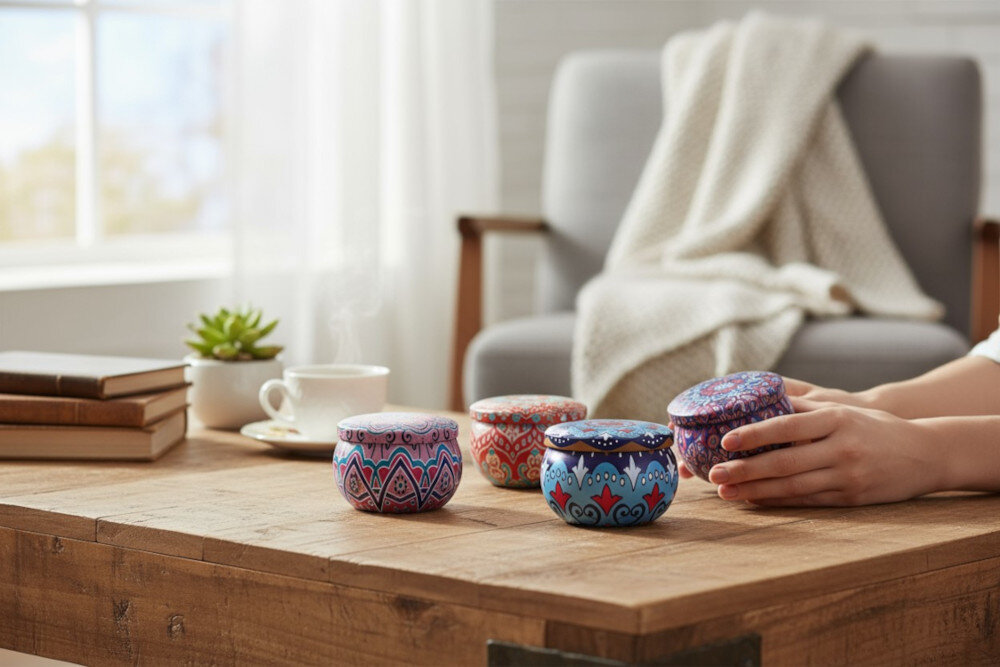 Zestaw świec zapachowych EXTRALINK lifestyle salon stół drewniany świece na stole Wysoka jakość wosk sojowy biodegradowalny Długotrwałe palenie Różnorodność zapachów Elegancki design cytryna, lawenda, jaśmin i wanilia