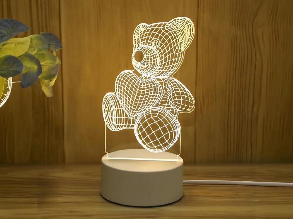 Lampka nocna EXTRALINK Miś serce 3D USB, iluzja, akryl, wzory, atmosfera, Lampa 3D LED miś z sercami i piłkami, USB, baterie AA, przełącznik, figurki chłopca i dziewczynki. 