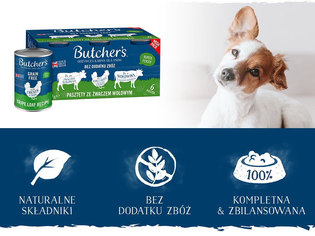 Karma dla psa BUTCHER'S Original mix smaków ze żwaczem wołowym (6 x 400 g) butchers original tripe megapack pies grafika druga 400g
