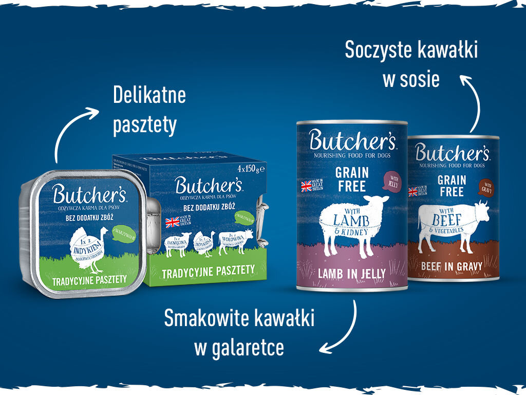 Karma dla psa BUTCHER'S Original mix smaków z wątróbką lub nerkami (4 x 150 g) butchers original pies grafika szosta 4x150g