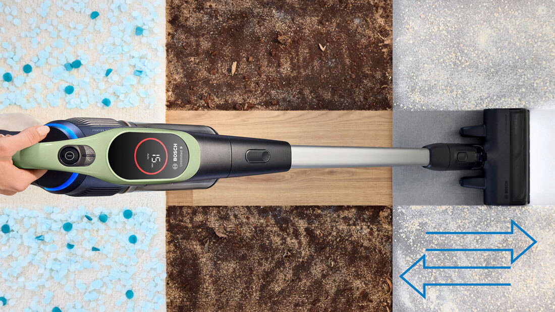 Odkurzacz BOSCH Unlimited 9 BCS931TQC skuteczność odkurzania Elektroszczotka MicroClean™ Brush z każdym rodzajem zanieczyszczeń powierzchnia w dywanie, tapicerce lub w szczelinach twardej podłogi z dywanów, parkietów czy płytek do przodu, jak i do tyłu