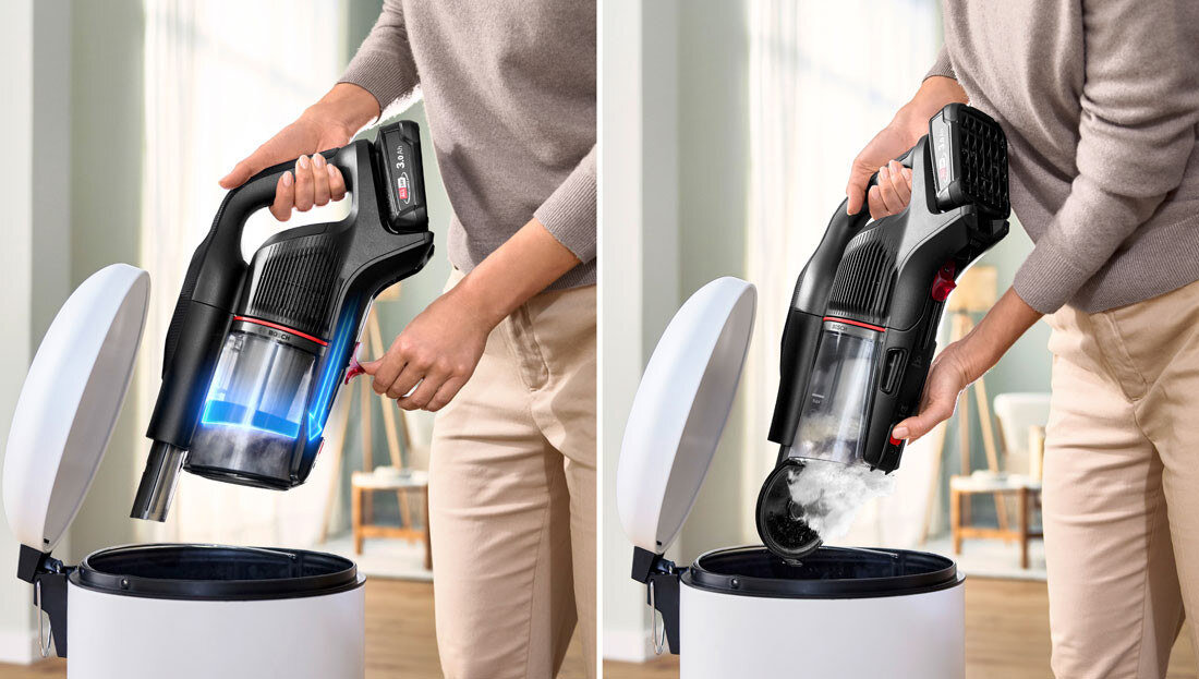 Odkurzacz BOSCH Unlimited 9 BSS931BHF Pojemnik na kurz Łatwy w obsłudze pojemnik na kurz system kompresji konserwacja użytkowanie korzystanie dźwignia kompresyjna norma testy
