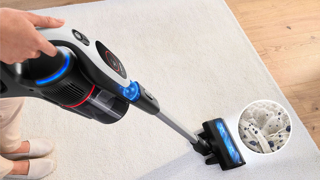 Odkurzacz BOSCH Unlimited 9 BBS931WBA Technologia MicroClean™ Elektroszczotka MicroClean™ Brush z wbudowanym podświetleniem LED drobny, niewidoczny kurz Sensor MicroClean™ mikroskopijne cząsteczki pierścień MicroClean™