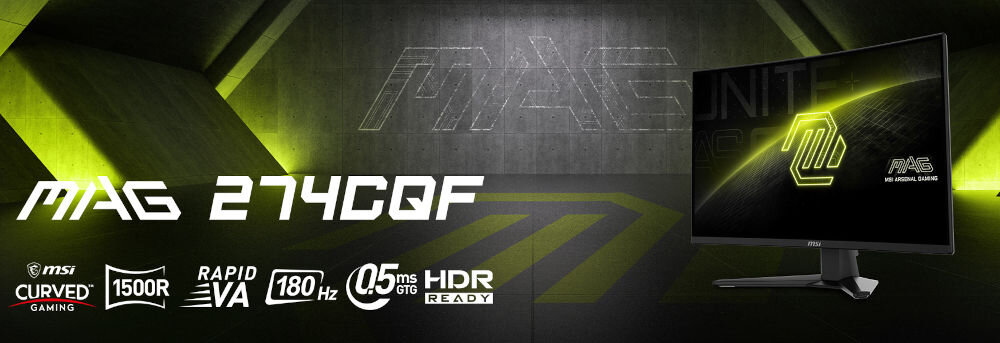 Monitor MSI Mag 274CQF 27 cali 2560x1440px 180Hz 0.5 ms [GTG] Curved prezentacja monitora w tle podświetlony ledami magazyn ikony technologii napis z modelem