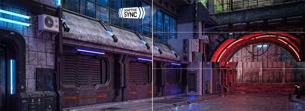 Monitor MSI Mag 274CQF 27 cali 2560x1440px 180Hz 0.5 ms [GTG] Curved prezentacja działania technologii w tle budynki ledy Adaptive Sync eliminacja efektu rozrywania obrazu i opóźnienia stabilna płynna rozgrywka komfort