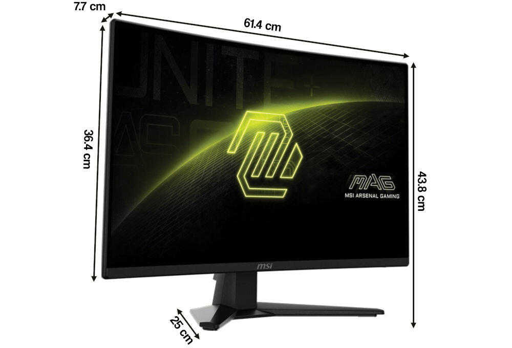 Monitor MSI Mag 274CQF 27 cali 2560x1440px 180Hz 0.5 ms [GTG] Curved prezentacja monitora na białym tle od przodu pod kątem z wymiarami elegancki design stabilność podstawa stabilność