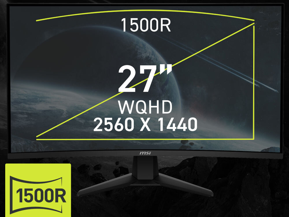 Monitor MSI Mag 274CQF 27 cali 2560x1440px 180Hz 0.5 ms [GTG] Curved prezentacja monitora na galaktycznym tle rozmiar rozdzielczość 1500R zakrzywiony ekran WQHD wsparcie wygody skupienie wzroku