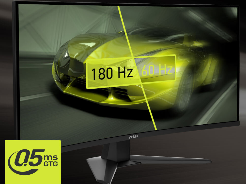 Monitor MSI Mag 274CQF 27 cali 2560x1440px 180Hz 0.5 ms [GTG] Curved prezentacja monitora na ciemnym tle pokazanie 180 Hz i 60 Hz na ekranie samochód jadący drogą odświeżanie płynny i łatwy do śledzenia kontrola nad grą reakcja