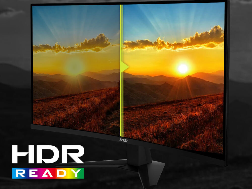 Monitor MSI Mag 274CQF 27 cali 2560x1440px 180Hz 0.5 ms [GTG] Curved prezentacja monitora w tle krajobraz porównanie na ekranie z HDR Ready i bez HDR Ready pełen zakres kontrastu i barw naturalny wygląd wyświetlanie kolorów kontrasty komfort