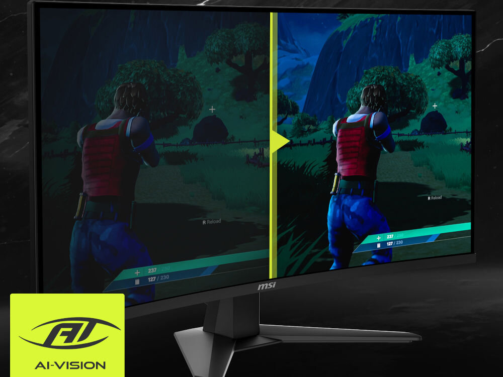 Monitor MSI Mag 274CQF 27 cali 2560x1440px 180Hz 0.5 ms [GTG] Curved porównanie ekranu z gry z systemem i bez ciemne tło MSI AI Vision poprawa widoczności detali HDMI™ CEC synchronizacja wielu urządzeń ułatwienie obsługi