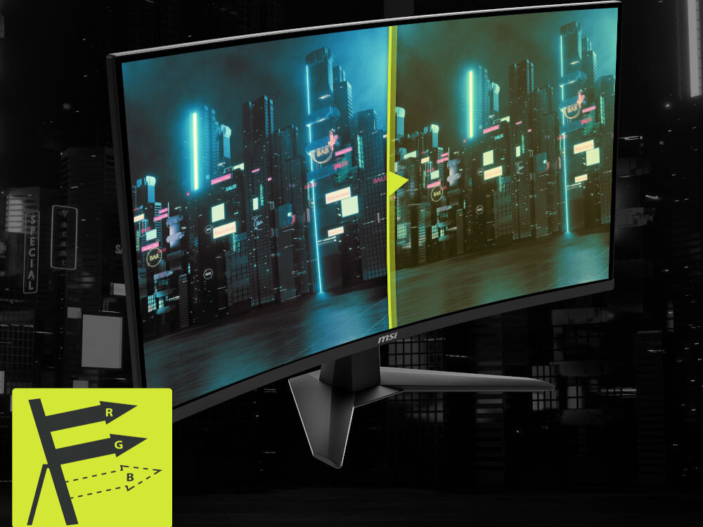Monitor MSI Mag 274CQF 27 cali 2560x1440px 180Hz 0.5 ms [GTG] Curved prezentacja monitora na ciemnym tle porównanie z technologią i bez Less Blue Light redukcja światła niebieskiego ograniczenie zmęczenia oczu