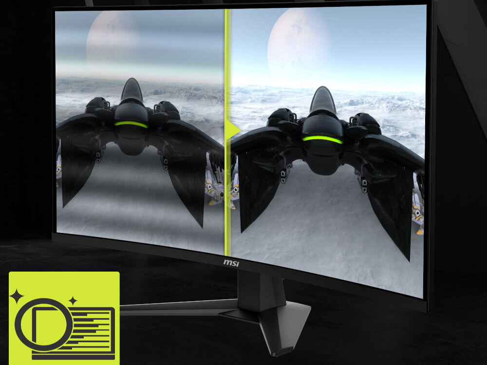 Monitor MSI Mag 274CQF 27 cali 2560x1440px 180Hz 0.5 ms [GTG] Curved prezentacja monitora na ciemnym tle porównanie powłoki Anti-Flicker eliminacja migotania obrazu wsparcie codziennego komfortu pracy