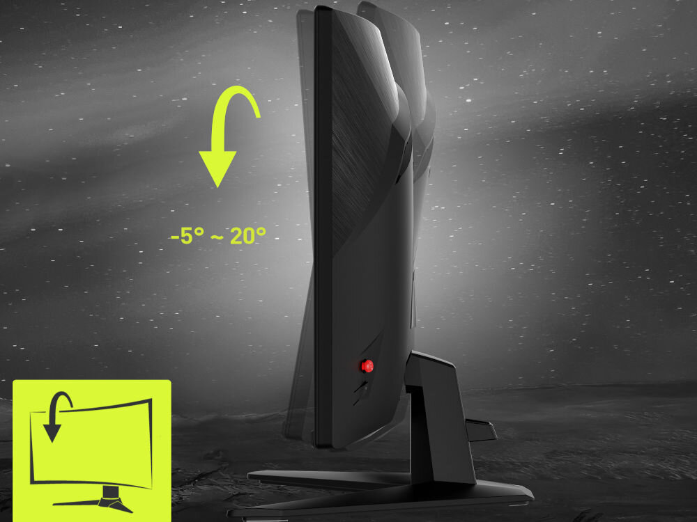 Monitor MSI Mag 274CQF 27 cali 2560x1440px 180Hz 0.5 ms [GTG] Curved prezentacja monitora od tyłu na szarym tle pokazanie możliwej regulacji dostosowanie pozycji ograniczenie napięcia