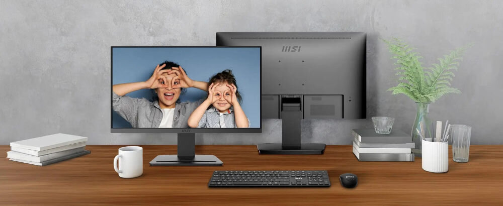 Monitor MSI Pro MP223 E2 21.45 cala 1920x1080px 100Hz 1 ms [MPRT] prezentacja monitora od przodu i tyłu na biurku